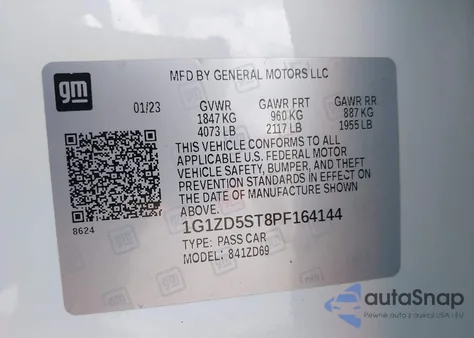 2023 Chevrolet Malibu Fwd 1Lt z USA, uszkodzony, nr VIN 1G1ZD5ST8PF164144